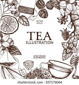 Vector card design with hand drawn tea illustration. Decorative inking background with vintage tea sketch. Sketched template