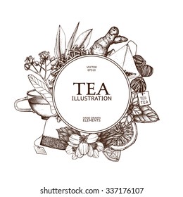 Vector card design with hand drawn tea illustration. Decorative inking background with vintage tea sketch. Sketched template