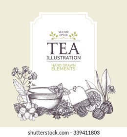 Vector card design with hand drawn tea illustration. Decorative inking background with vintage tea sketch. Sketched template