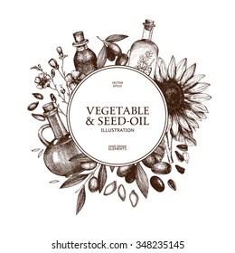 Vector card design with hand drawn vegetables and seed-oil illustration. Vintage healthy food illustration. Decorative engraved oil sketch isolated on white.