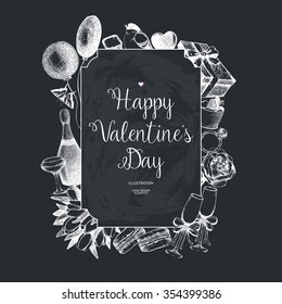 Vector card design with hand drawn valentine's day illustration. Decorative chalkboard background with vintage holiday sketch. 