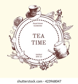 Vector card design with hand drawn tea illustration. Decorative inking background with vintage tea sketch. Sketched template