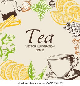 Vector card design with hand drawn tea illustration. Decorative inking background with vintage tea sketch. Sketched template