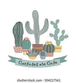 Vector card design with hand drawn cactus in pot. Succulents and plants in a group. Cute and funny.