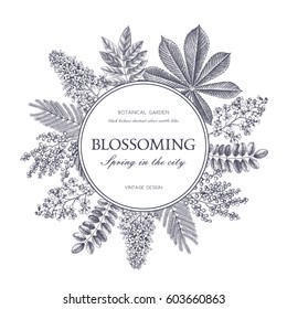 Vector card design with hand drawn blossoming trees. Floral wedding invitation template. Vintage flower illustration