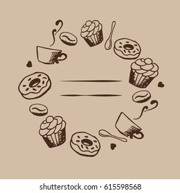 Vector card design with hand drawn coffee and dessert illustration. Coffee shop or cafe template. Decorative background with vintage coffee sketch