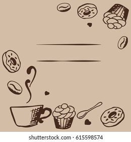 Vector card design with hand drawn coffee and dessert illustration. Coffee shop or cafe template. Decorative background with vintage coffee sketch