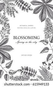 Vector card design with hand drawn blossoming trees. Floral wedding invitation template. Vintage flower illustration