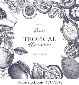 Vector card design with hand drawn tropical fruits illustration. Decorative inking background with vintage exotic plants sketch. Sketched template