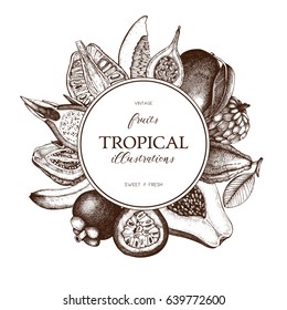 Vector card design with hand drawn tropical fruits illustration. Decorative inking background with vintage exotic plants sketch. Sketched template