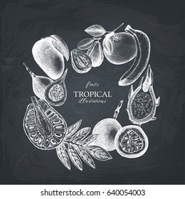 Vector card design with hand drawn tropical fruits illustration. Decorative gold frame with  exotic plants sketch. Vintage wedding  template on chalkboard