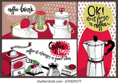 Vector card design with hand drawn coffee and dessert illustration. Decorative background with coffee sketch. Coffee shop or cafe template