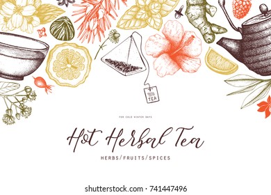 Vector card design with hand drawn tea illustration. Decorative inking background with vintage tea sketch. Sketched template