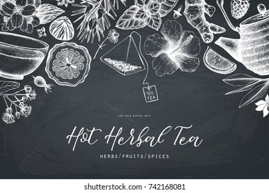 Vector card design with hand drawn tea illustration. Decorative inking background with vintage tea sketch. Sketched template on chalkboard
