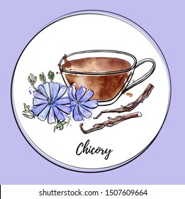 Vector card design of a healthy natural drink Chicory with its flower and dried roots. Hand drawn elements in the circle frame. Black ink outline and bright watercolor texture with splashes and drips 