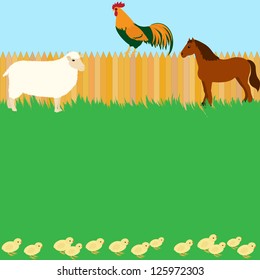 Vector card design with horse, sheep and rooster