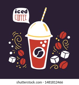Vector card design Iced coffee. Hand drawn flat doodle objects on dark blue background. Take away coffee cup with a straw, ice cubes, beans, swirls. Poster, flyer, leaflet design for cafe promotion.