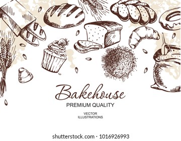 Vector card design with ink hand drawn baking illustration. Vintage template with bread and pastries sketch. Bakery or bakehouse menu.