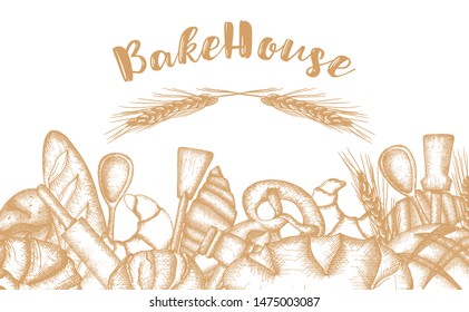 Vector card design with ink hand drawn baking illustration. Vintage template with bread and pastries sketch. Bakery or bakehouse menu on white background