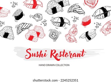 Vector card design with ink hand drawn sushi illustration. Vintage template with traditional asian food sketch. Seafood menu on white background.
