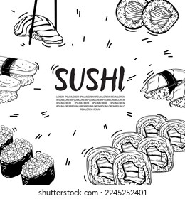 Vector card design with ink hand drawn sushi illustration. Vintage template with traditional asian food sketch. Seafood menu on white background.