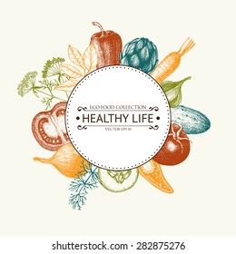 Vector Card Design With Ink Hand Drawn Vegetables And Spice Sketch. Vintage Healthy Food Illustration. 