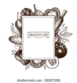 Vector card design with ink hand drawn vegetables and spice sketch. Vintage healthy food illustration. 