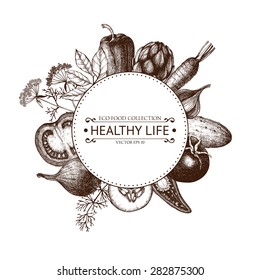 Vector card design with ink hand drawn vegetables and spice sketch. Vintage healthy food illustration. 