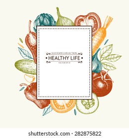 Vector card design with ink hand drawn vegetables and spice sketch. Vintage healthy food illustration. 