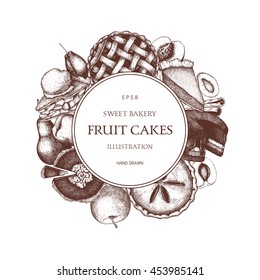 Vector card design with ink hand drawn fruit desserts illustration. Vintage template with traditional cake, tart and pie sketch on white background. Sweet  bakery. 