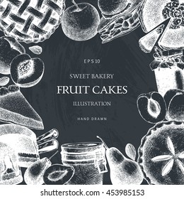 Vector card design with ink hand drawn fruit desserts illustration. Vintage template with traditional cake, tart and pie sketch on chalkboard. Sweet  bakery. 