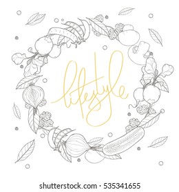 Vector card design with ink hand drawn vegetables and spice sketch with lettering lifestyle. Vintage healthy food illustration.