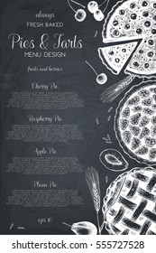 Vector card design with ink hand drawn fruit and berry baking illustration. Vintage template with traditional cake, tart and pie sketch. Bakery menu on chalkboard . Top view.