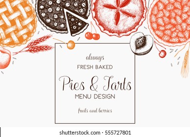 Vector card design with ink hand drawn fruit and berry baking illustration. Vintage template with traditional cake, tart and pie sketch. Sweet bakery menu. Top view.