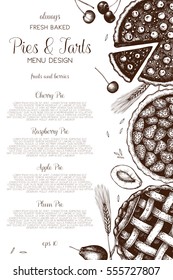 Vector card design with ink hand drawn fruit and berry baking illustration. Vintage template with traditional cake, tart and pie sketch. Sweet bakery menu. Top view.