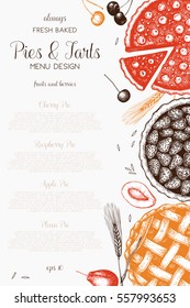 Vector card design with ink hand drawn berries and fruit baking illustration. Vintage template with traditional cake, tart and pie sketch. Sweet bakery. Top view.