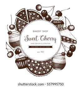 Vector card design with ink hand drawn cherry dessert illustration. Vintage template with traditional berry cake, tart and pie sketch. Sweet bakery. Top view.