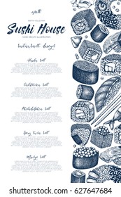 Vector card design with ink hand drawn sushi illustration. Vintage template with traditional asian food sketch. Seafood menu on white background.