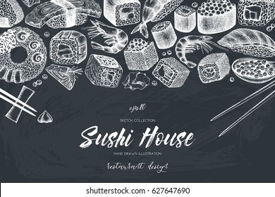 Vector card design with ink hand drawn sushi illustration. Vintage template with traditional asian food sketch. Seafood menu on chalkboard.