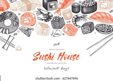 Vector card design with ink hand drawn sushi illustration. Vintage template with traditional asian food sketch. Seafood menu on white background.