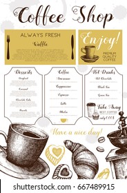 Vector card design with ink hand drawn baking and coffee illustrations. Vintage template with  pastries sketch. Cafe or coffee house menu on white background.