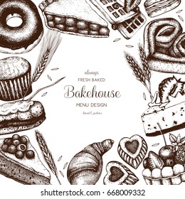 Vector card design with ink hand drawn baking illustration. Vintage template with bread and pastries sketch. Bakery or bakehouse menu on white background