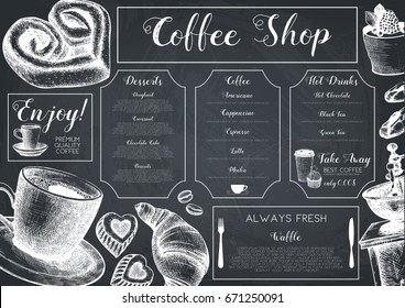 Vector card design with ink hand drawn baking and coffee illustrations. Vintage template with  pastries sketch. Cafe or coffee house menu on chalkboard.