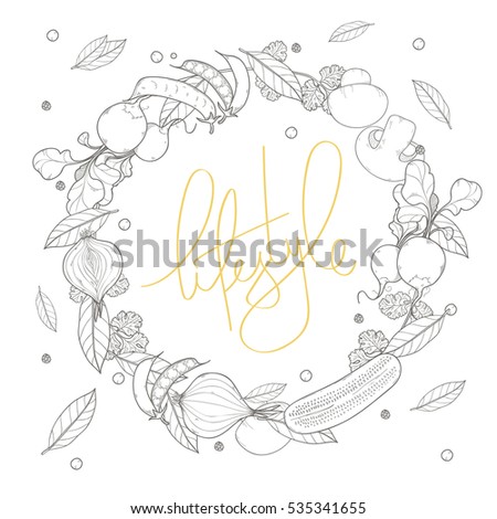 Vector card design with ink hand drawn vegetables and spice sketch with lettering lifestyle. Vintage healthy food illustration.