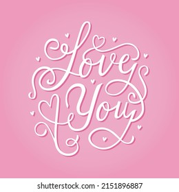 Vektorkartendesign, Liebe, die Sie handschrift schreiben Skripttext, rosafarbener Hintergrund, Grußkarte für den Valentinstag