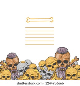 Vector card design with many skulls, bones and gold coins, vector illustration isolated on white background with place for text