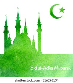 Vector card design with a mosque and an islamic religious sign. Green watercolor background with silhouettes of crescent with star and mosque. Eid al-Adha greeting.