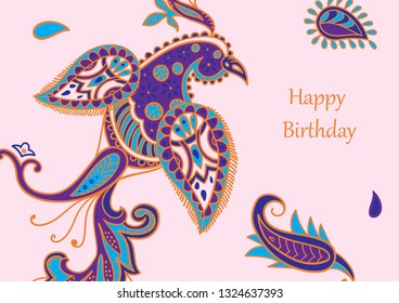 Vector card design in Paisley style. Drawn bird with feathers near by and text is on the right. Great for postcard, greeting, wedding and invitation cards, placing text.