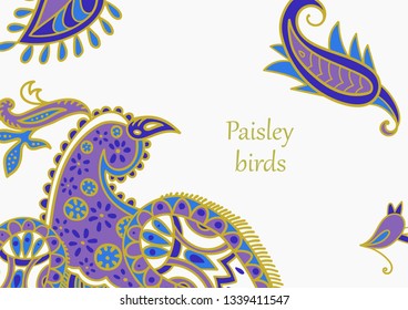 Vector card design in Paisley style isolated on white. Drawn firebird with text placed at the center. Great for postcard, greeting, wedding and invitation cards, placing text.