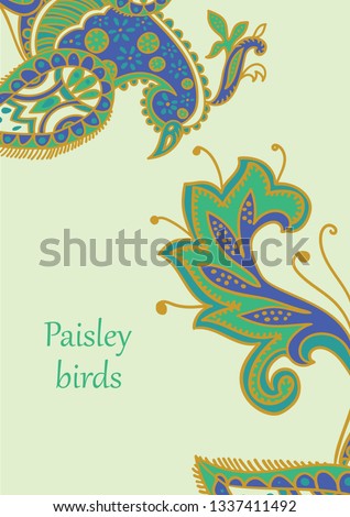 Vector card design in Paisley style. Drawn firebird and tail with text placed in the lower left corner. Great for postcard, greeting, wedding and invitation cards, placing text.